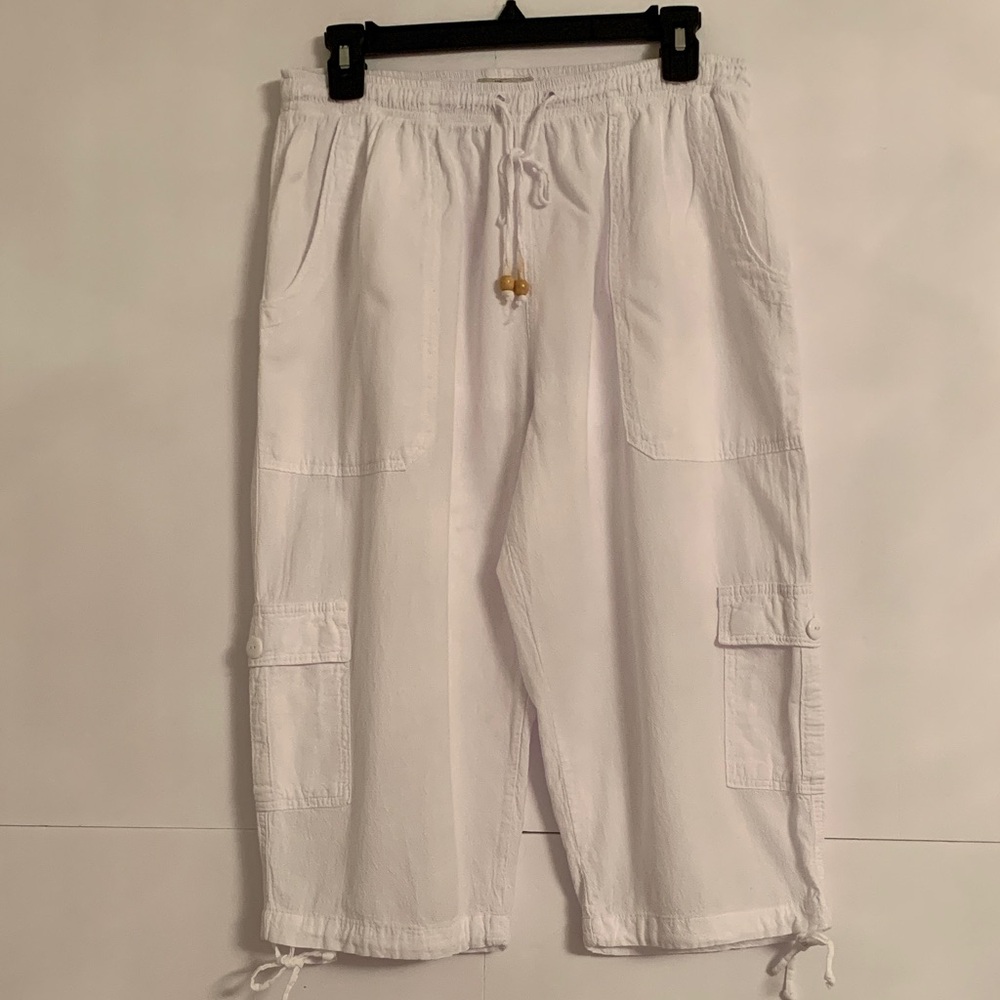 Cotton Collection White Cargo Capris Pants Elastic Waist Drawstring Hem Size XL